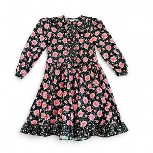 VINTAGE • 70s/80s FLORAL PUFF SLEEVE VICTORIAN STYLE RUFFLED COLLAR PEONY DRESS